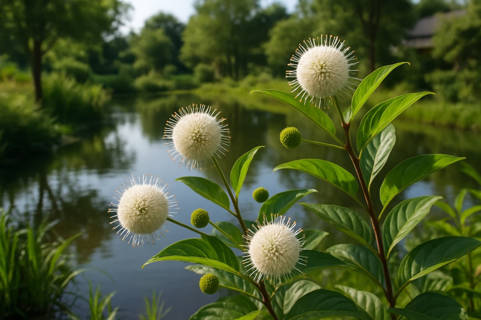 Round white pincushion-shaped buttonbush flowers over water at a Texas pond edge