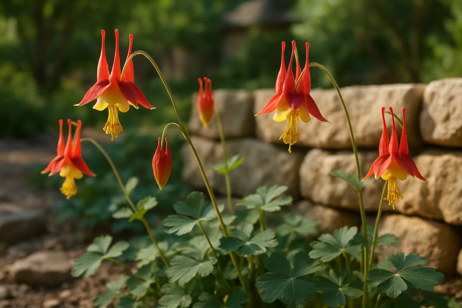 Red and yellow nodding columbine flowers with long spurs in a shaded Texas Hill Country garden