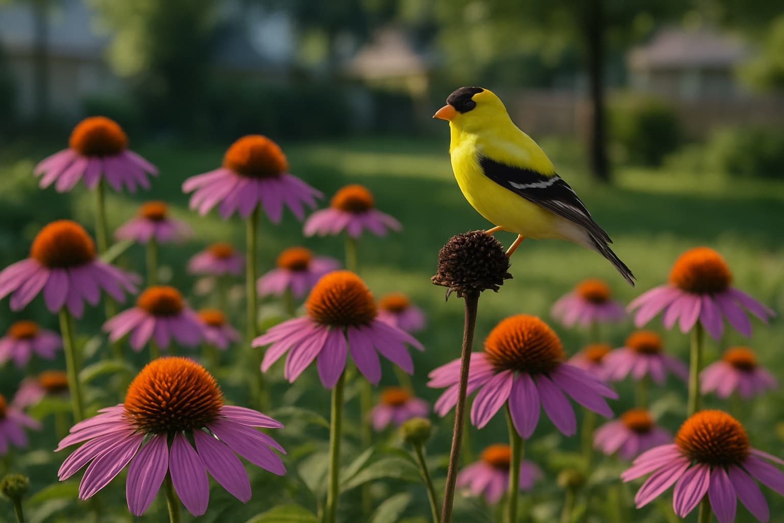 Purple coneflowers with orange central cones in a summer pollinator bed with a goldfinch perched on a seed head