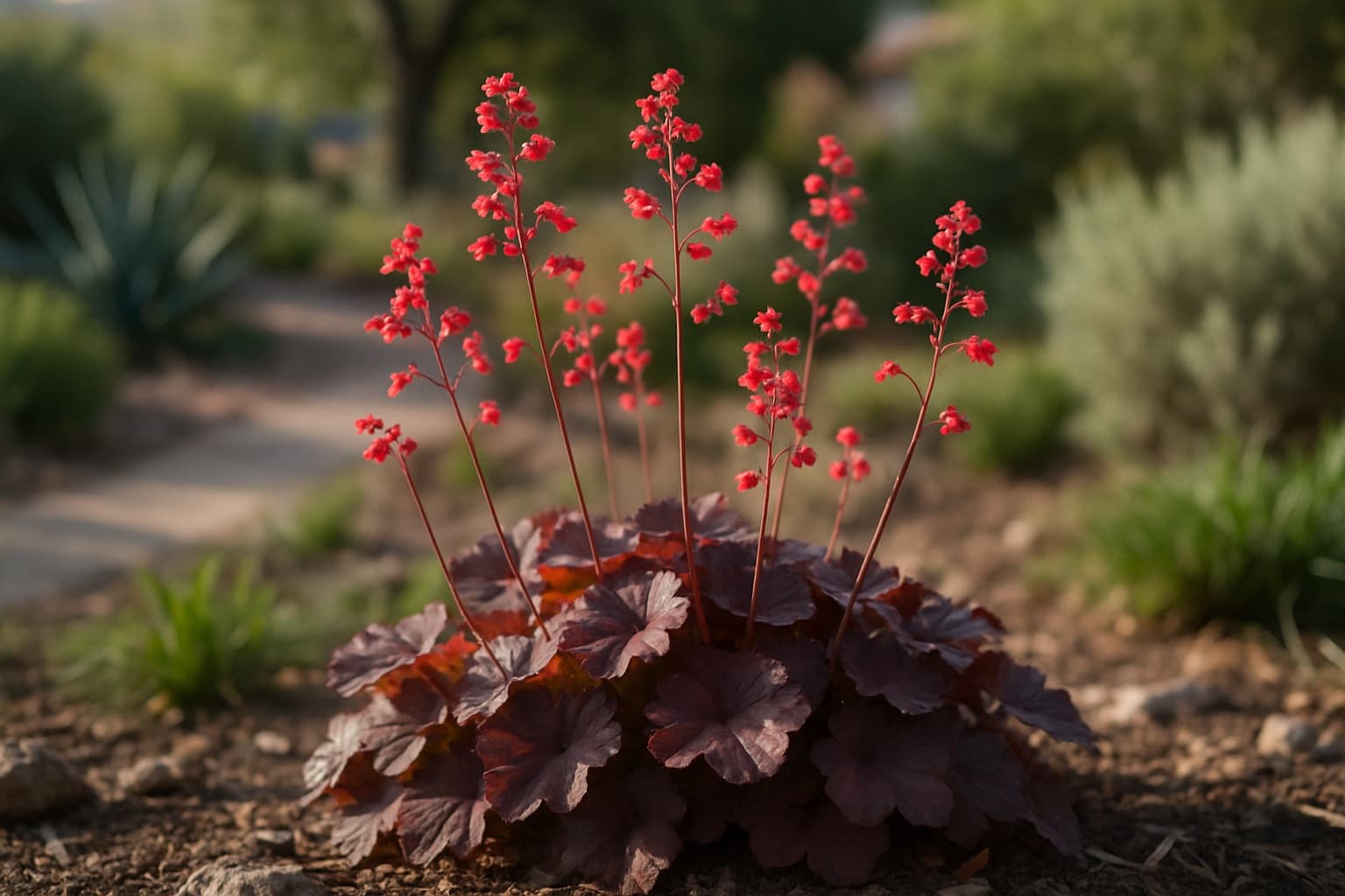 Coral bells perennial with rounded bronze-purple foliage and thin stems of small red bell-shaped flowers