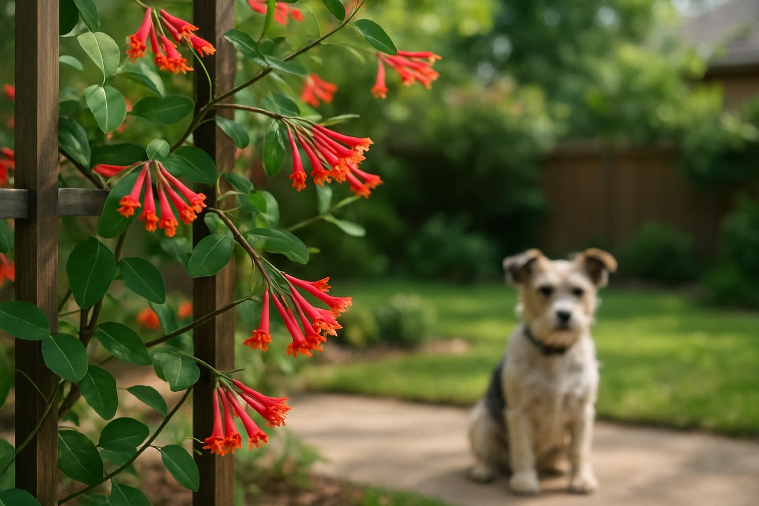 Red tubular Coral Honeysuckle flowers (Lonicera sempervirens) on a trellis with a terrier sitting on the patio behind, a dog-safe native Texas vine