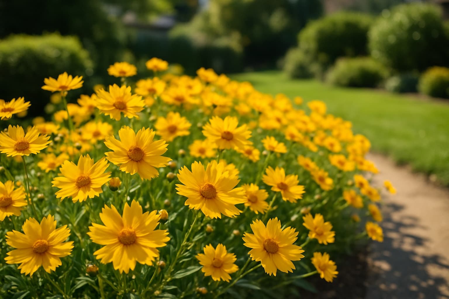 Bright yellow coreopsis tickseed flowers covering a sunny garden border in full summer bloom