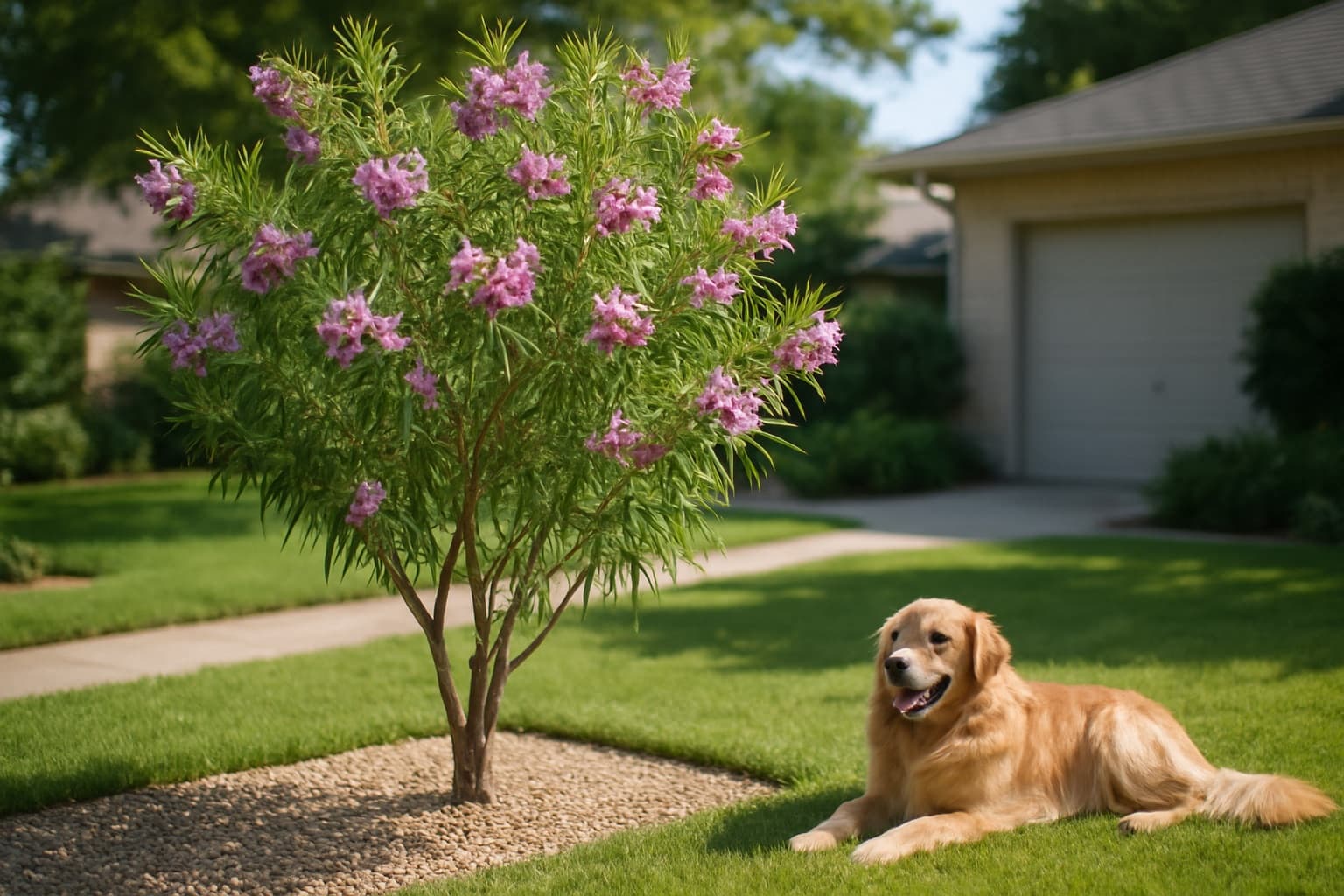 A Desert Willow tree (Chilopsis linearis) with pink trumpet flowers in a Texas front yard with a golden retriever resting nearby, a dog-safe native small tree