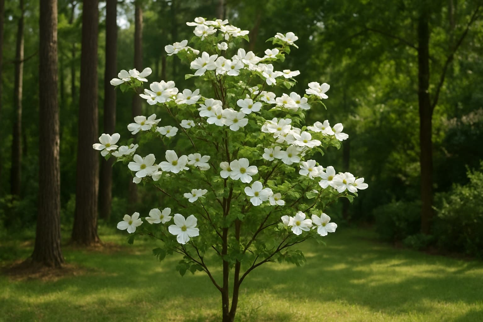 White four-bracted flowering dogwood blooms on a small understory tree in an East Texas woodland
