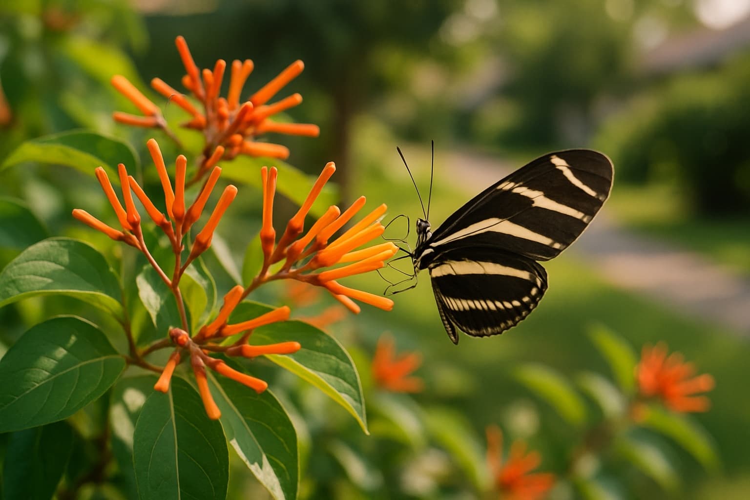 Close view of firebush clusters of slender red-orange tubular flowers with a zebra longwing butterfly feeding