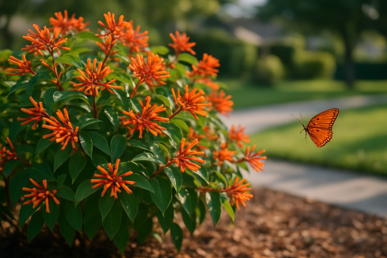 A firebush shrub covered in red-orange tubular flowers with a butterfly nearby in a Florida yard