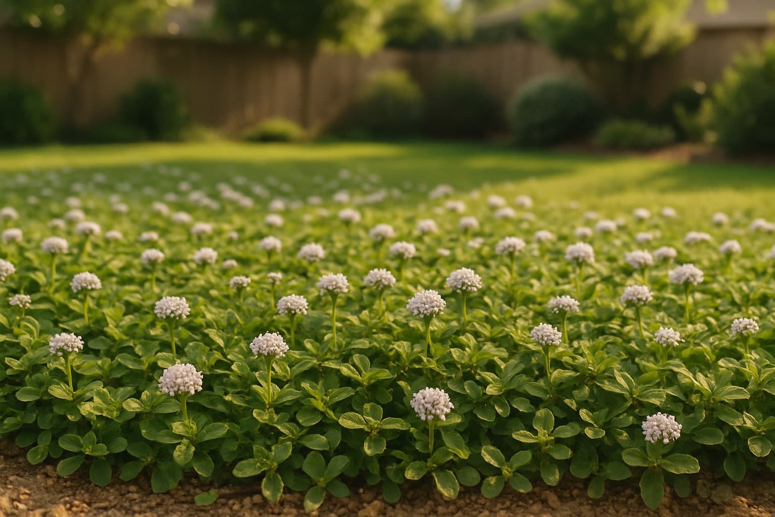 Low mat-forming frogfruit groundcover with tiny white-lavender flower clusters in a South Texas yard