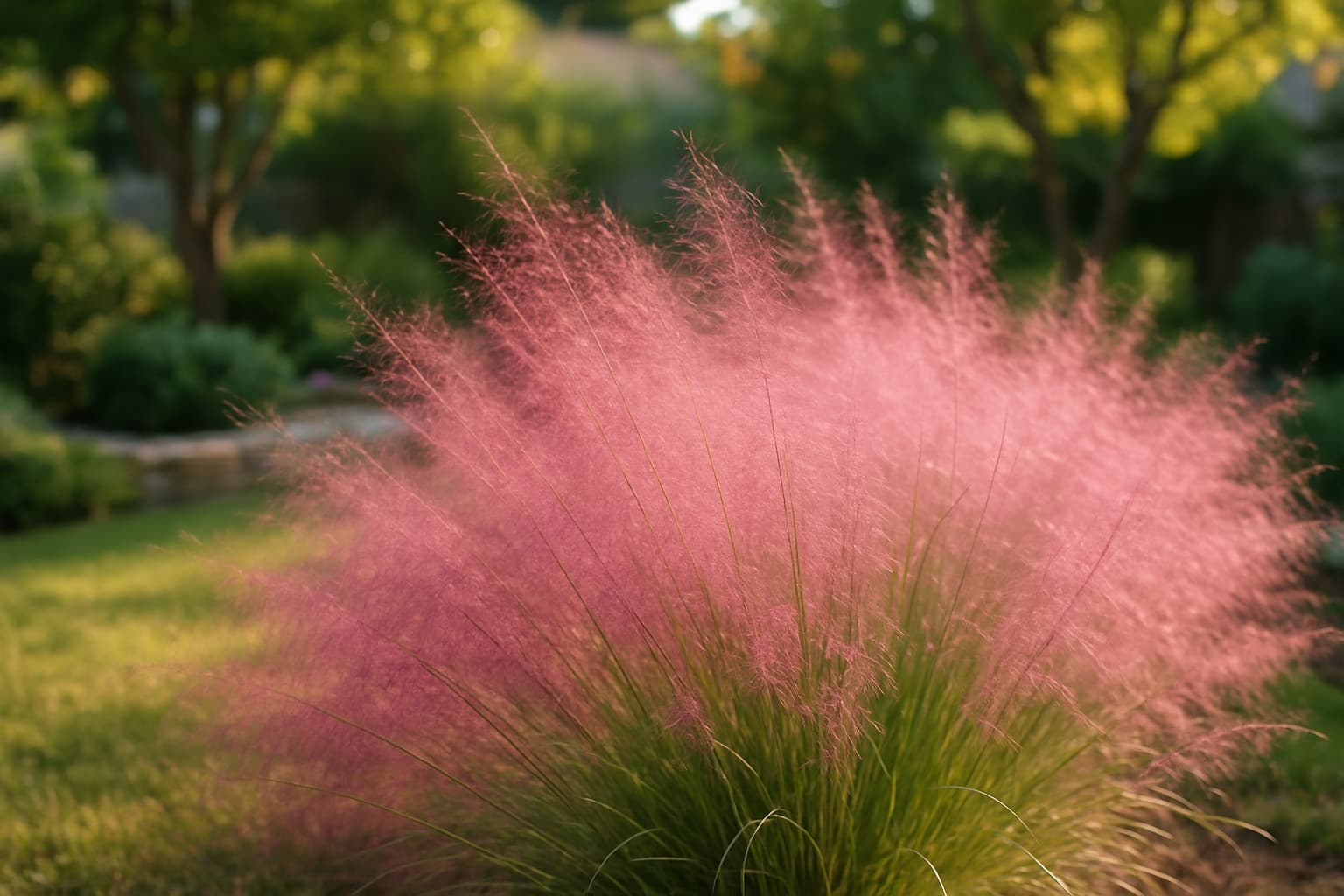Airy cloud of pink-purple gulf muhly grass plumes in a Texas Hill Country garden in fall