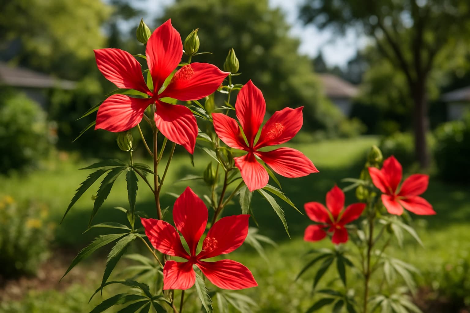 Scarlet rosemallow with large deep red star-shaped flowers and deeply divided palmate leaves in a sunny garden
