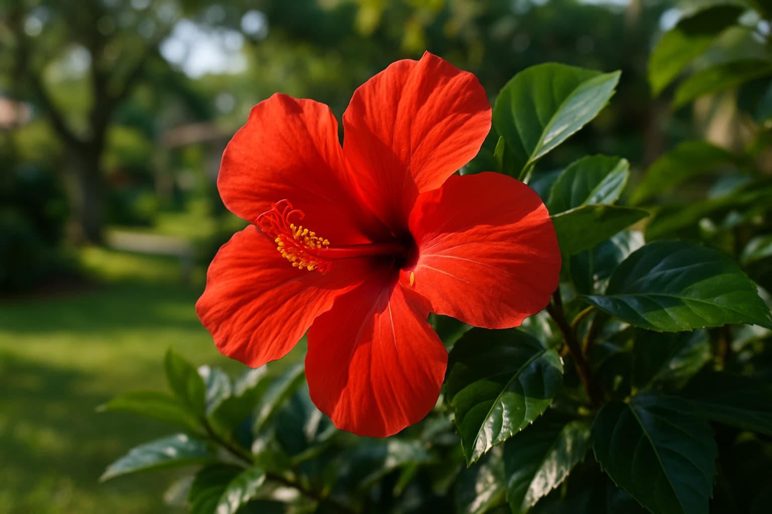 A red tropical hibiscus flower with its long central stamen column in a south Florida garden