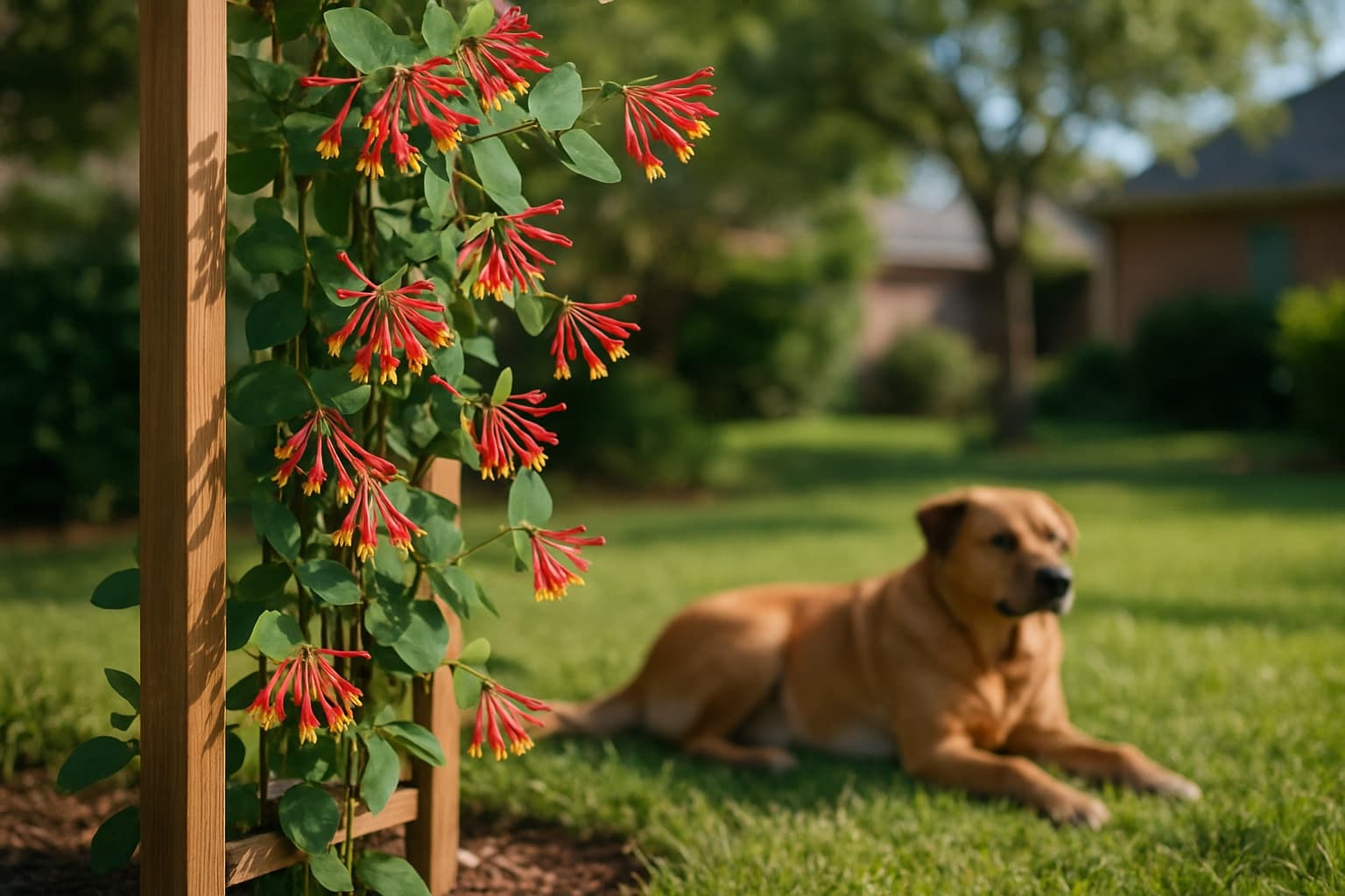 Red tubular coral honeysuckle flowering on a trellis with a dog resting nearby in a calm suburban Texas garden