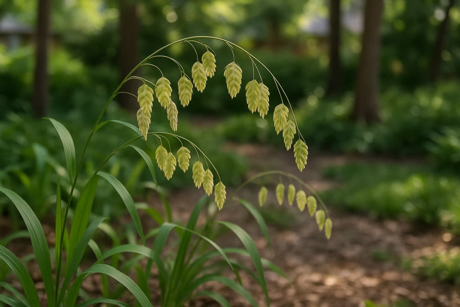 Arching stems of flat dangling inland sea oats seed heads in a shaded Texas woodland garden bed