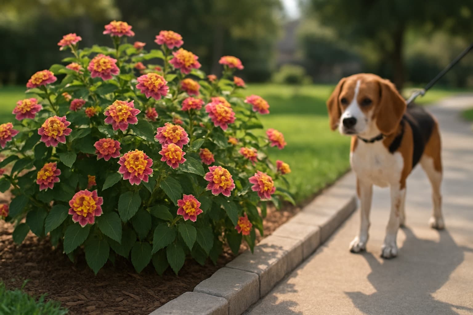 A multicolor Lantana camara shrub blooming in a Texas garden bed while a leashed beagle is kept at a distance on the sidewalk