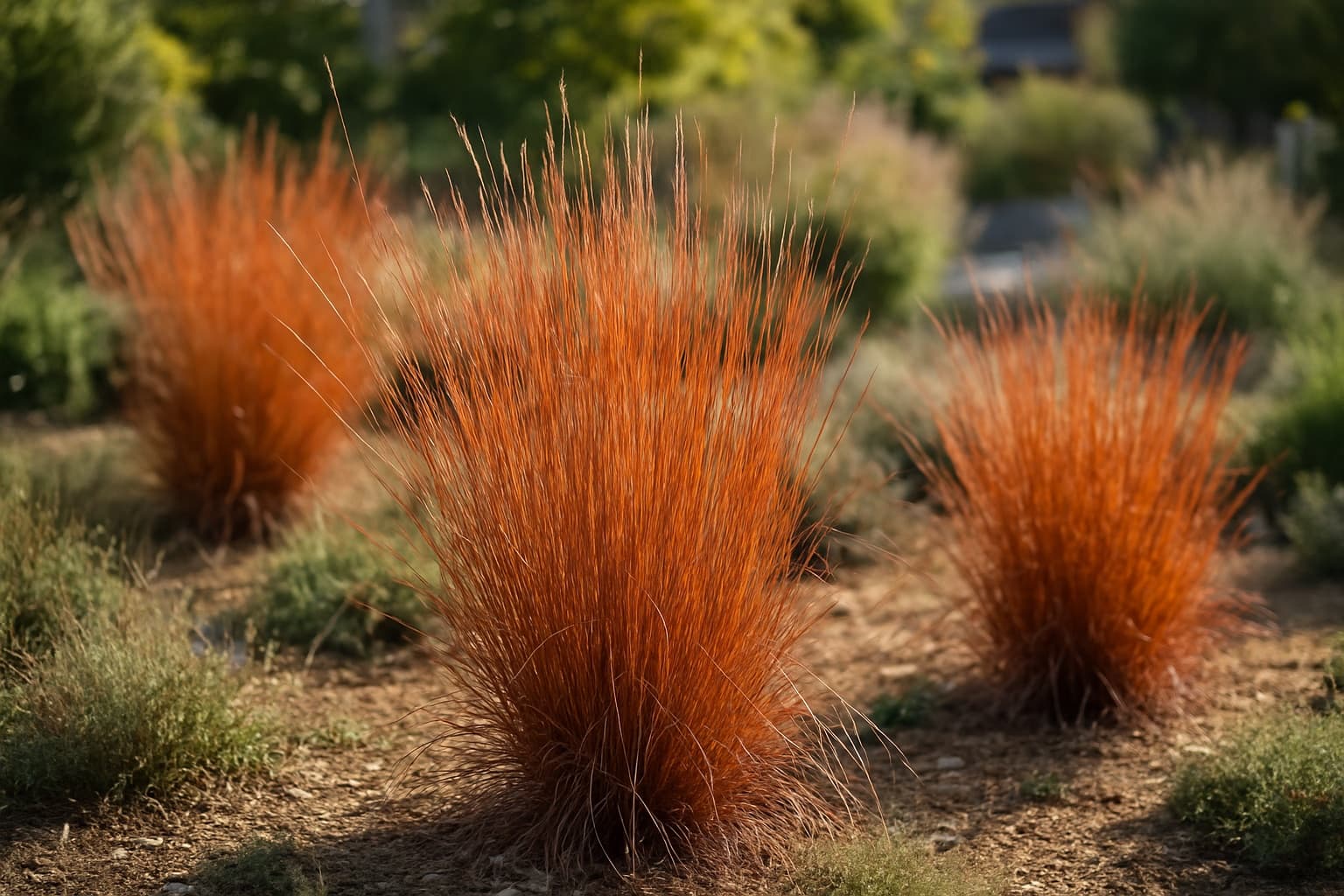 Copper-orange little bluestem grass clumps catching low fall sunlight in a Texas prairie garden
