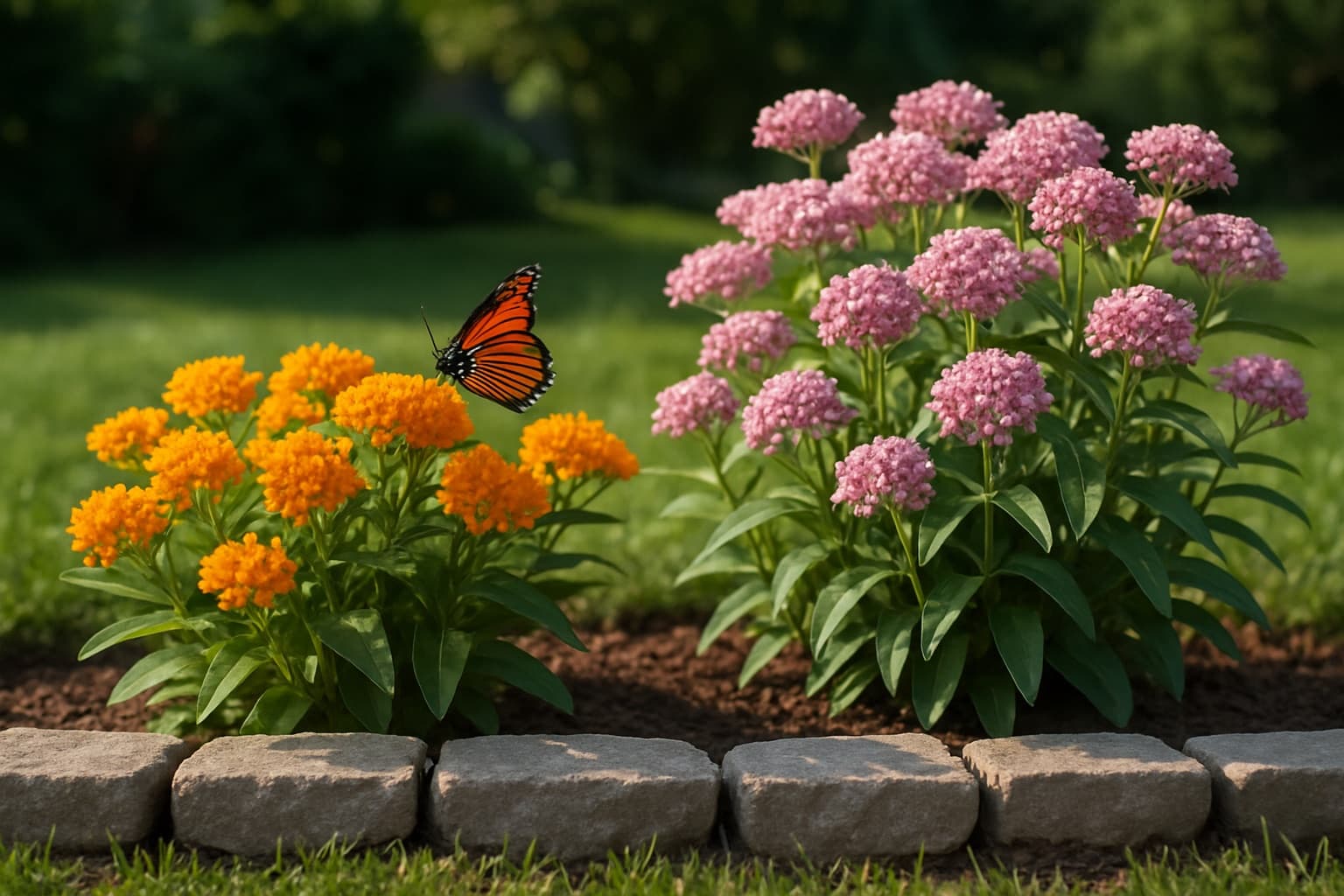 Orange butterfly weed and pink milkweed blooming in a back garden bed with a monarch butterfly, set behind a low border away from the lawn