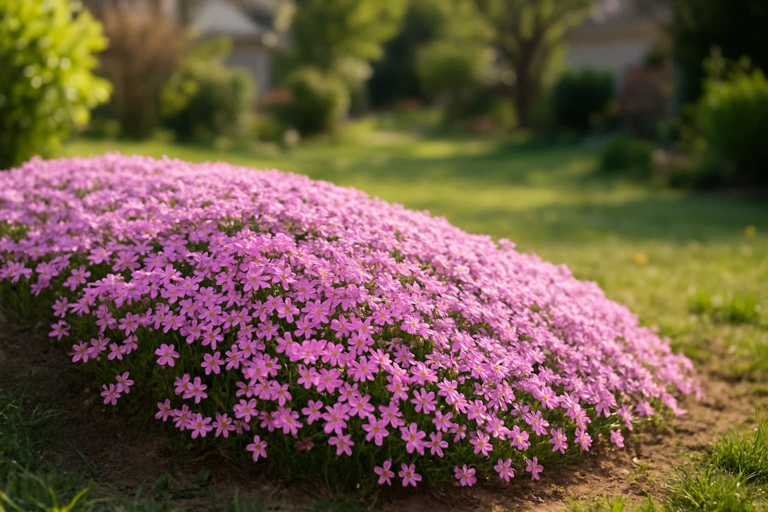 Low mat of pink moss phlox flowers covering a garden slope in early spring