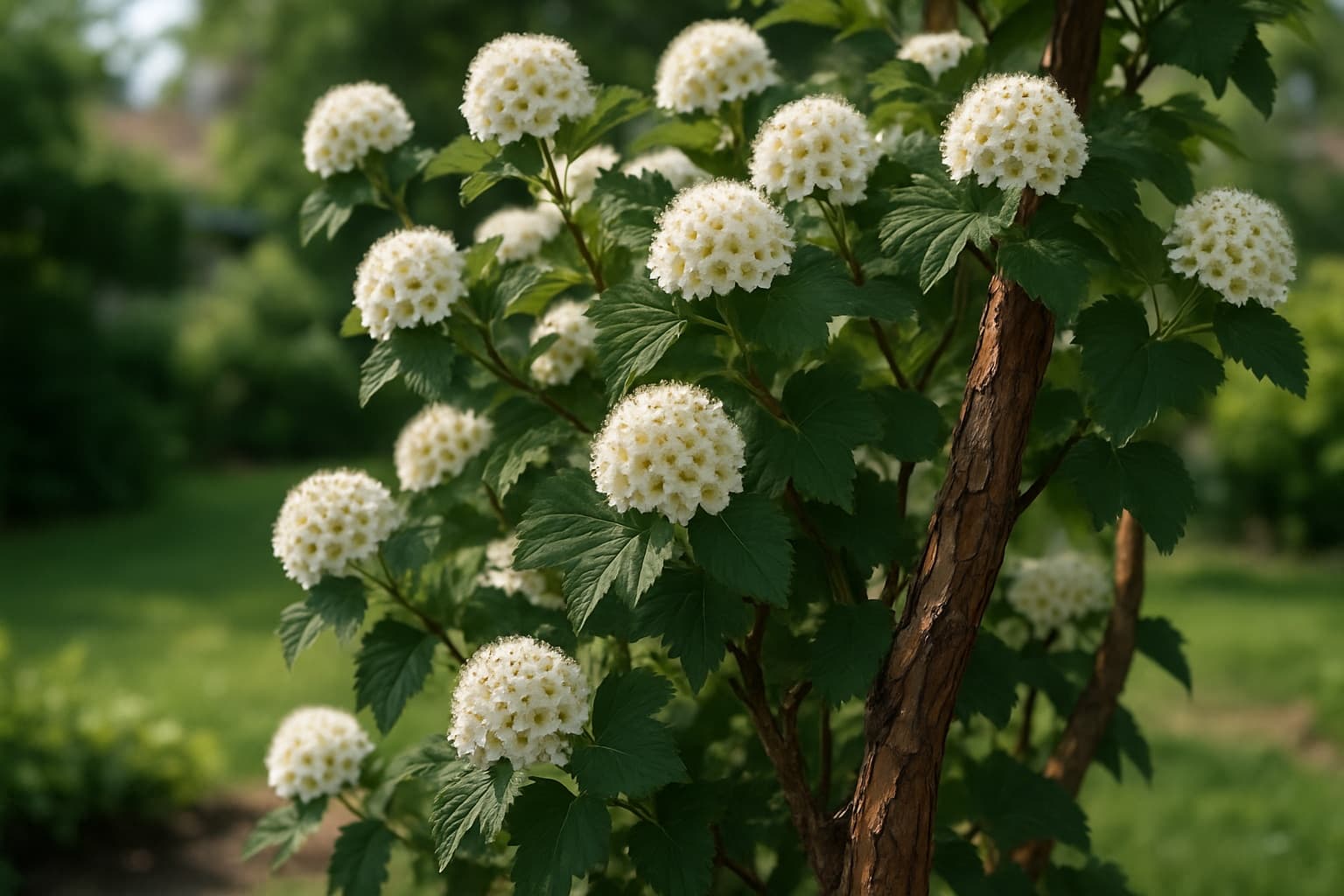 Ninebark shrub with clusters of small white spring flowers and dark reddish seed capsules against peeling bark