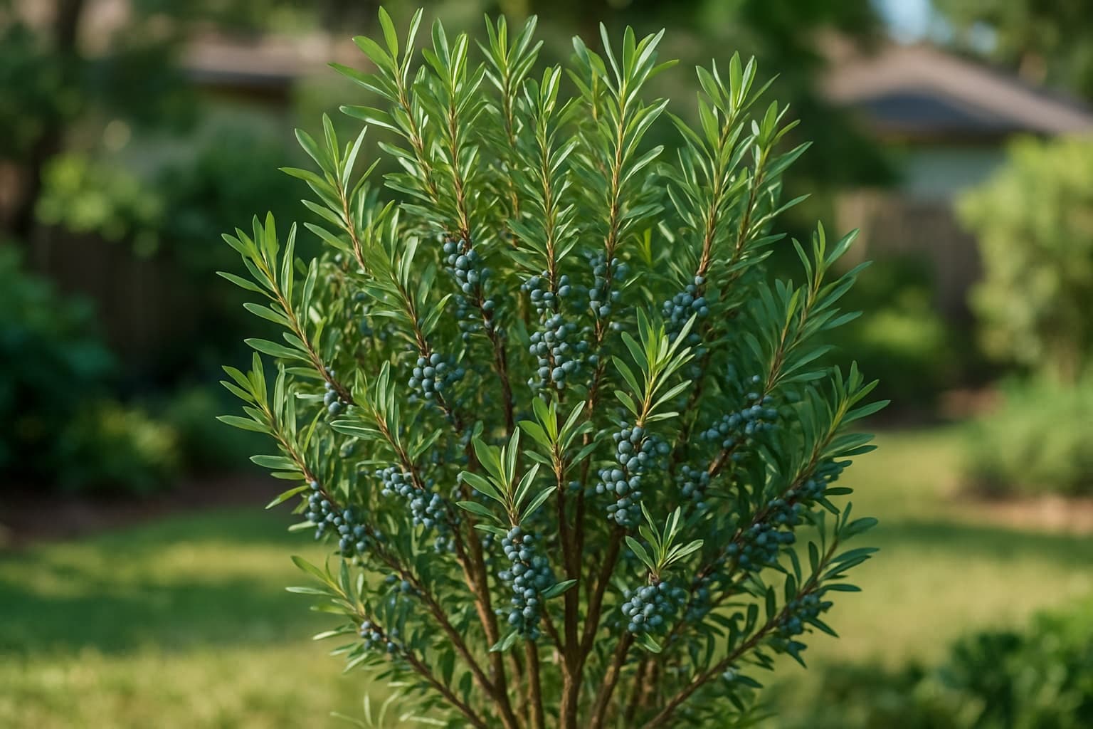 Wax myrtle shrub with slender olive-green leaves and clusters of waxy blue-gray berries along upright stems