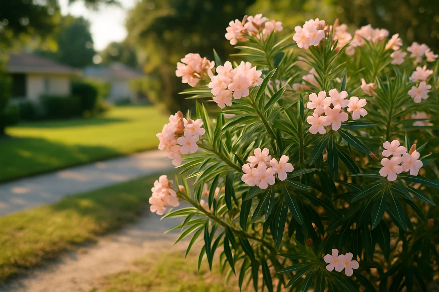 An oleander shrub with clusters of pink flowers and narrow leaves along a Florida property edge