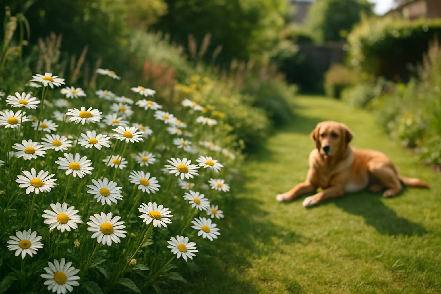 A drift of white oxeye daisies with yellow centers along a meadow-style garden border while a dog rests on a lawn path nearby