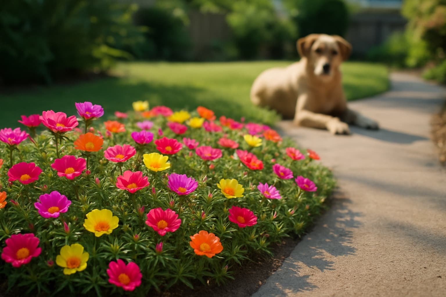 Low mounds of colorful moss rose (portulaca) flowers along a sunny garden border with a dog on the path nearby