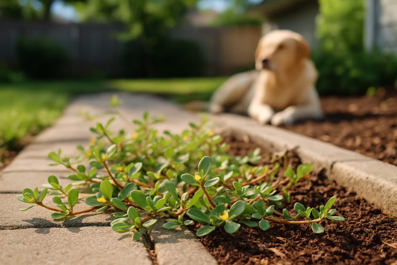 A low sprawling purslane weed with fleshy leaves growing between pavers in a sunny backyard while a dog rests on the patio nearby