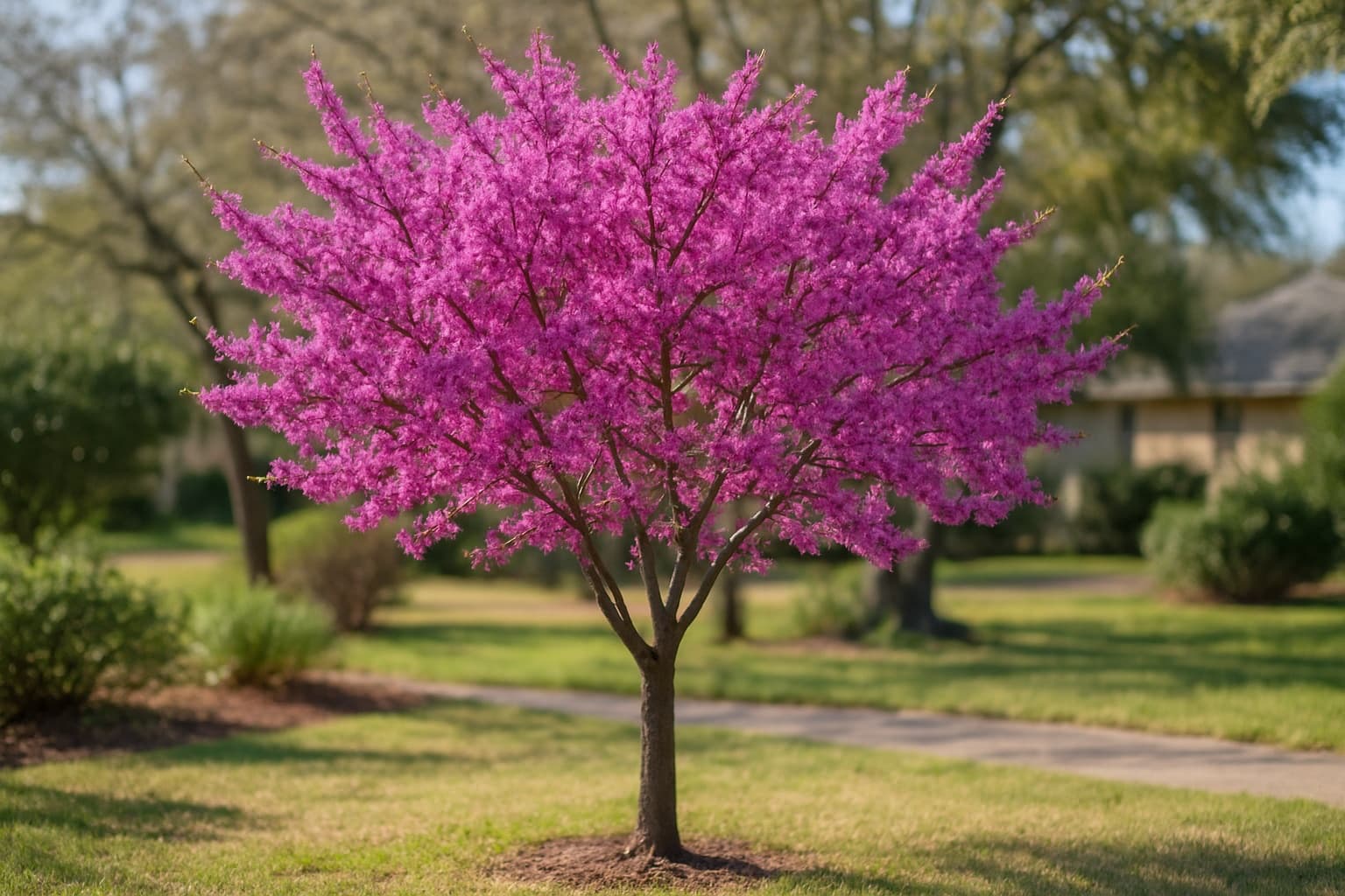 Magenta-pink redbud flowers covering bare branches in a Texas Hill Country yard in early spring