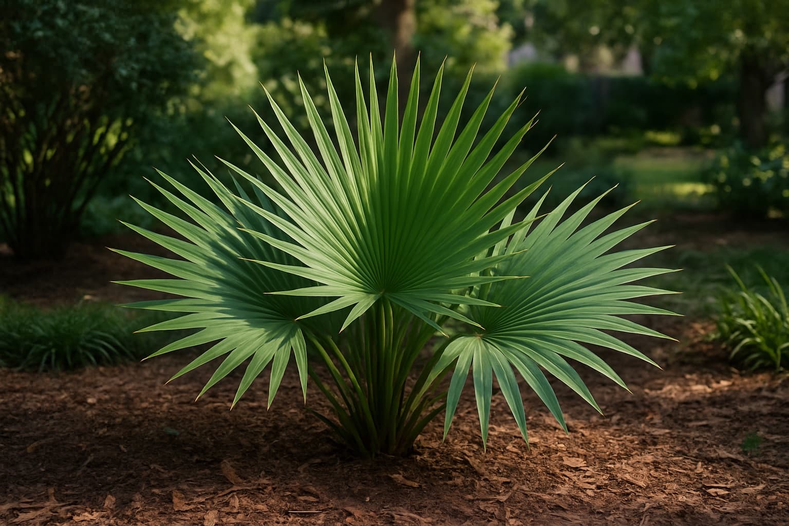 Dwarf palmetto, a low trunkless green fan palm with broad palmate fronds, growing in a mulched shade bed