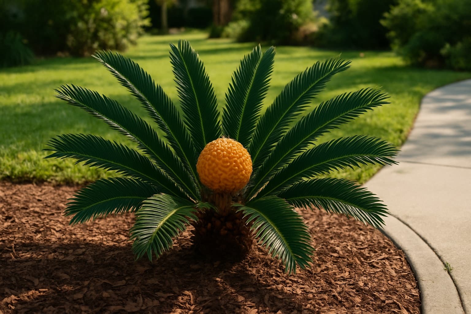 A sago palm with its stiff green fronds and orange seed cone in a Florida landscape bed
