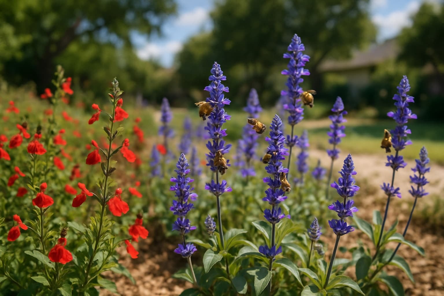 Red Autumn Sage and blue Mealy Blue Sage blooming together in a sunny low-water garden bed with bees