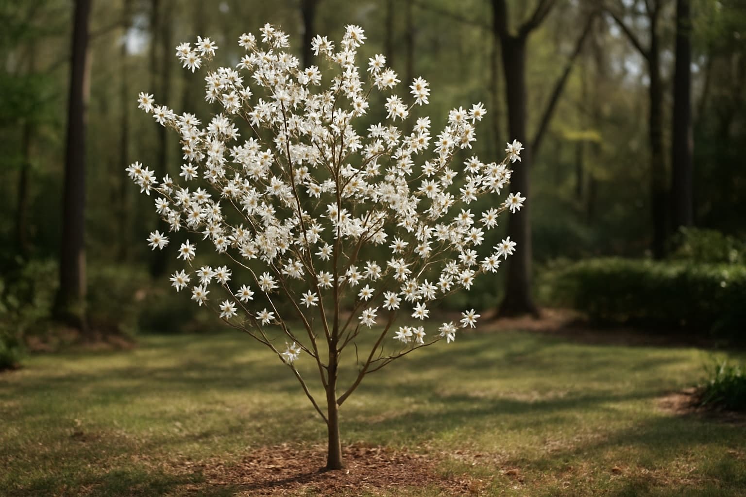White five-petaled serviceberry flowers on bare branches in early spring before leaf-out