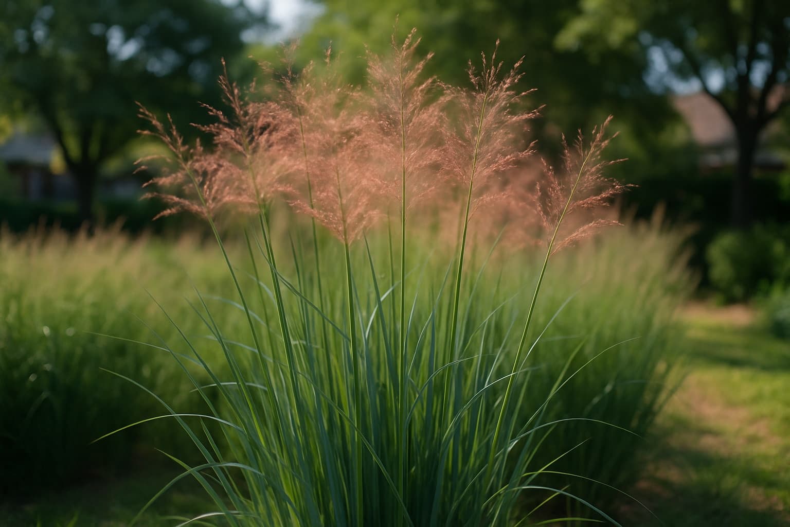 Tall blue-green switchgrass with airy pink-tinged seed panicles in a Texas prairie garden