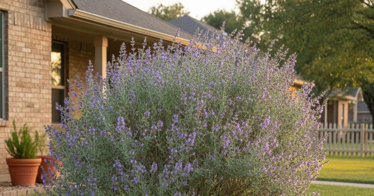 A Texas Sage shrub (Leucophyllum frutescens) with silvery leaves and purple flowers in a Texas front yard, a dog-safe native shrub