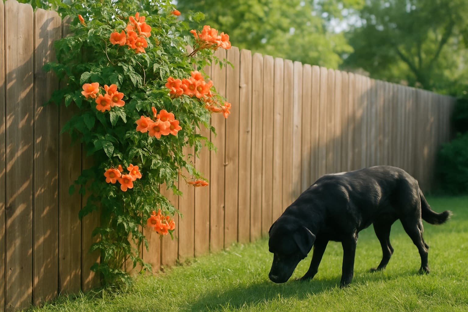 Orange trumpet vine flowers (Campsis radicans) growing on a wooden fence in a Texas backyard while a black labrador sniffs the grass nearby