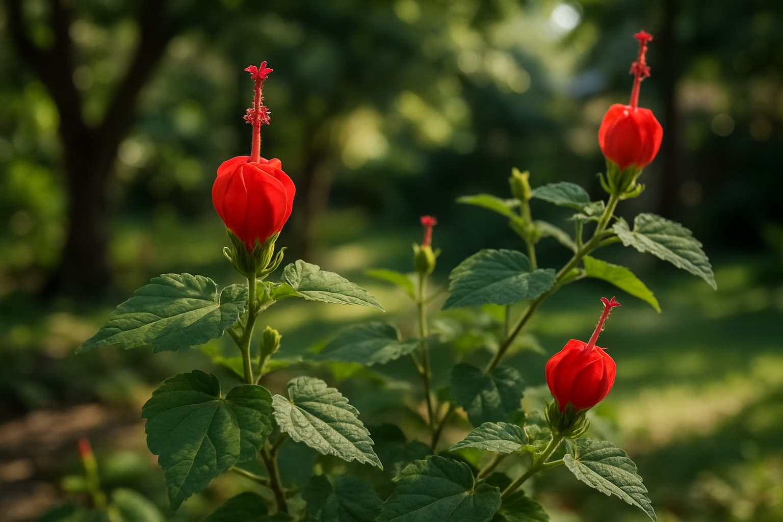 Red twisted Turk's cap flowers on a shaded shrub in a South Texas garden