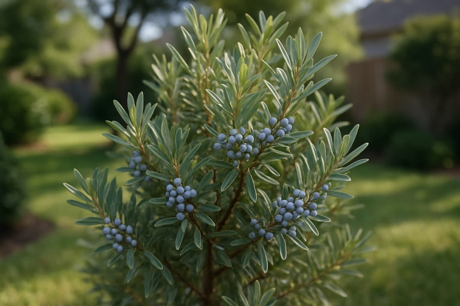 Evergreen wax myrtle shrub with aromatic gray-green leaves and small blue-gray berries near the Texas Gulf Coast