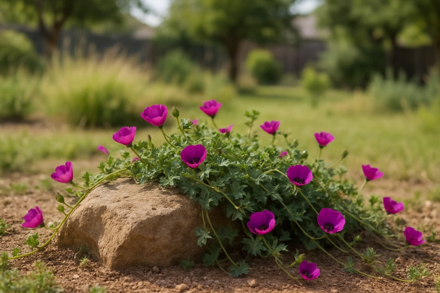 Low sprawling winecup wildflower with cup-shaped magenta-purple blooms in a Texas prairie garden