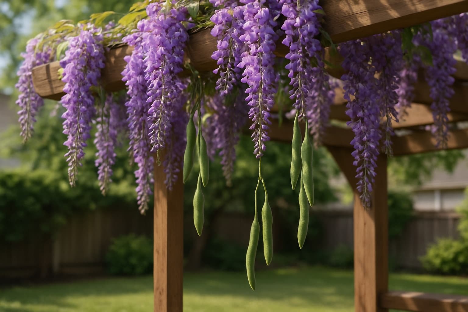 Cascading purple wisteria flowers on a wooden pergola in a suburban backyard with seed pods hanging at low height
