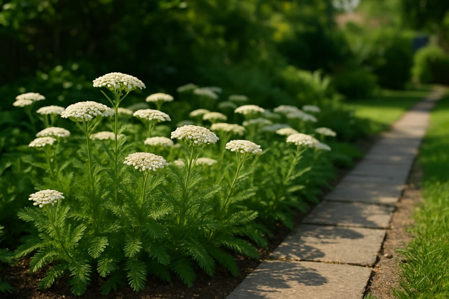 White flat-topped yarrow flowers with ferny foliage in a low sunny garden border beside a stone path