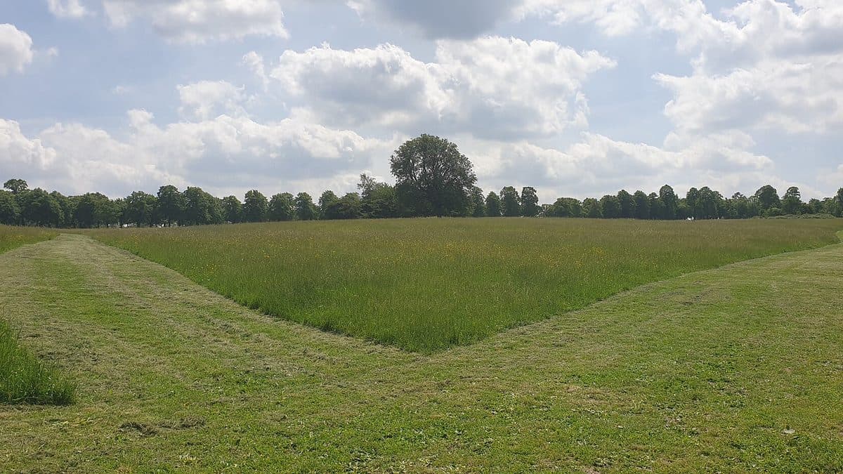A wide strip of closely mown grass cutting through taller rough grassland under a cloudy sky