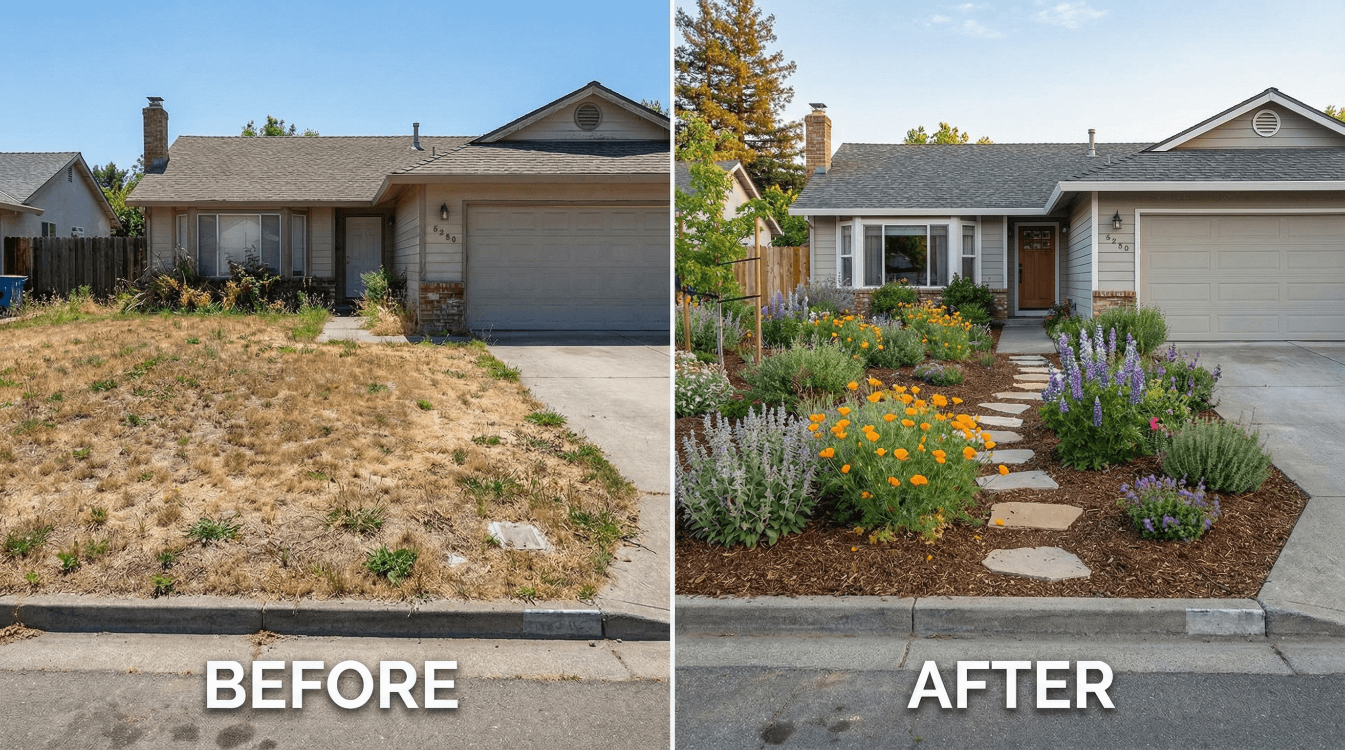 Side by side comparison of Buffalo Grass and St. Augustine lawn areas in a Texas front yard