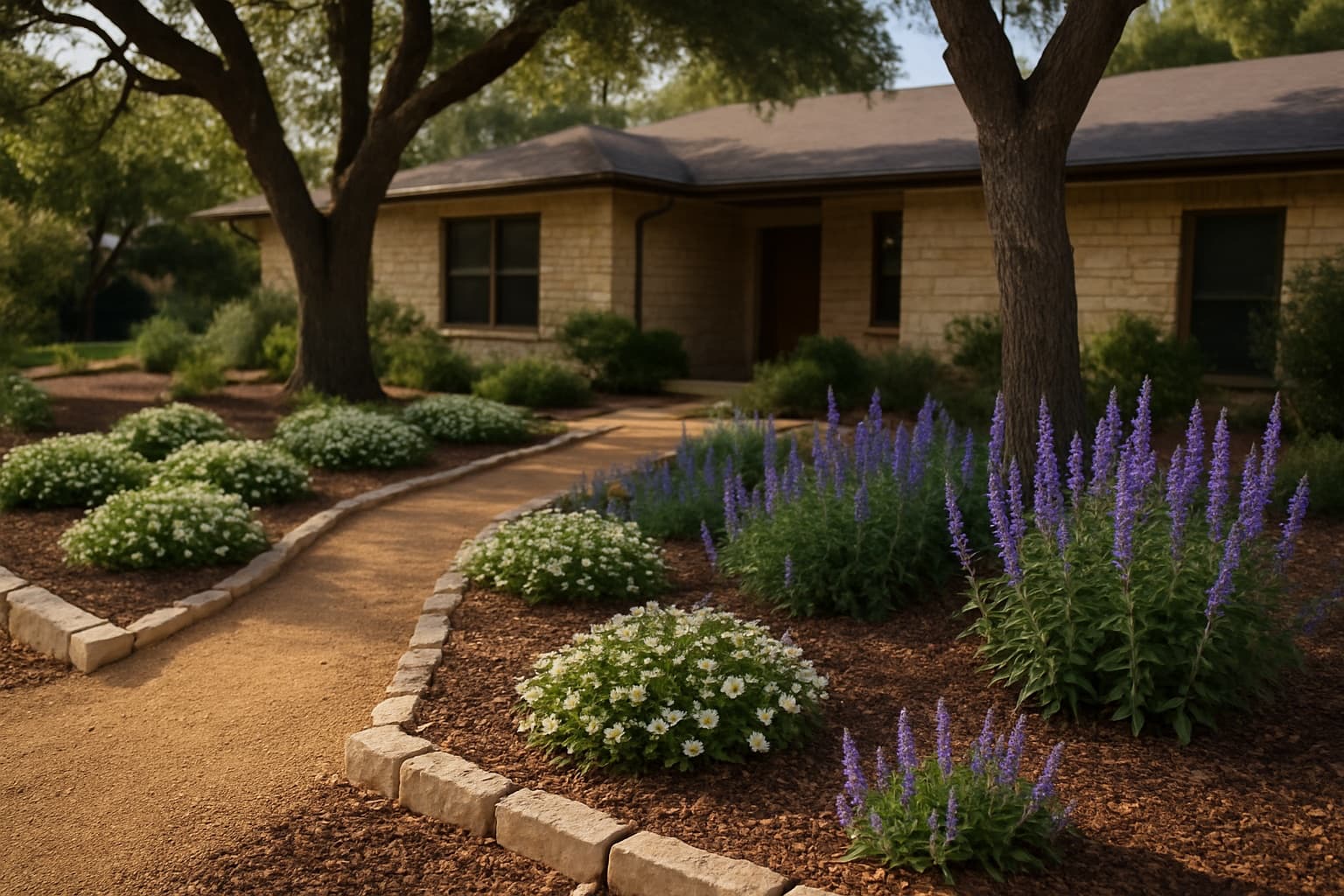 A Texas Hill Country front yard mid-conversion from lawn to native landscaping, with blackfoot daisy and mealy blue sage beds under live oaks