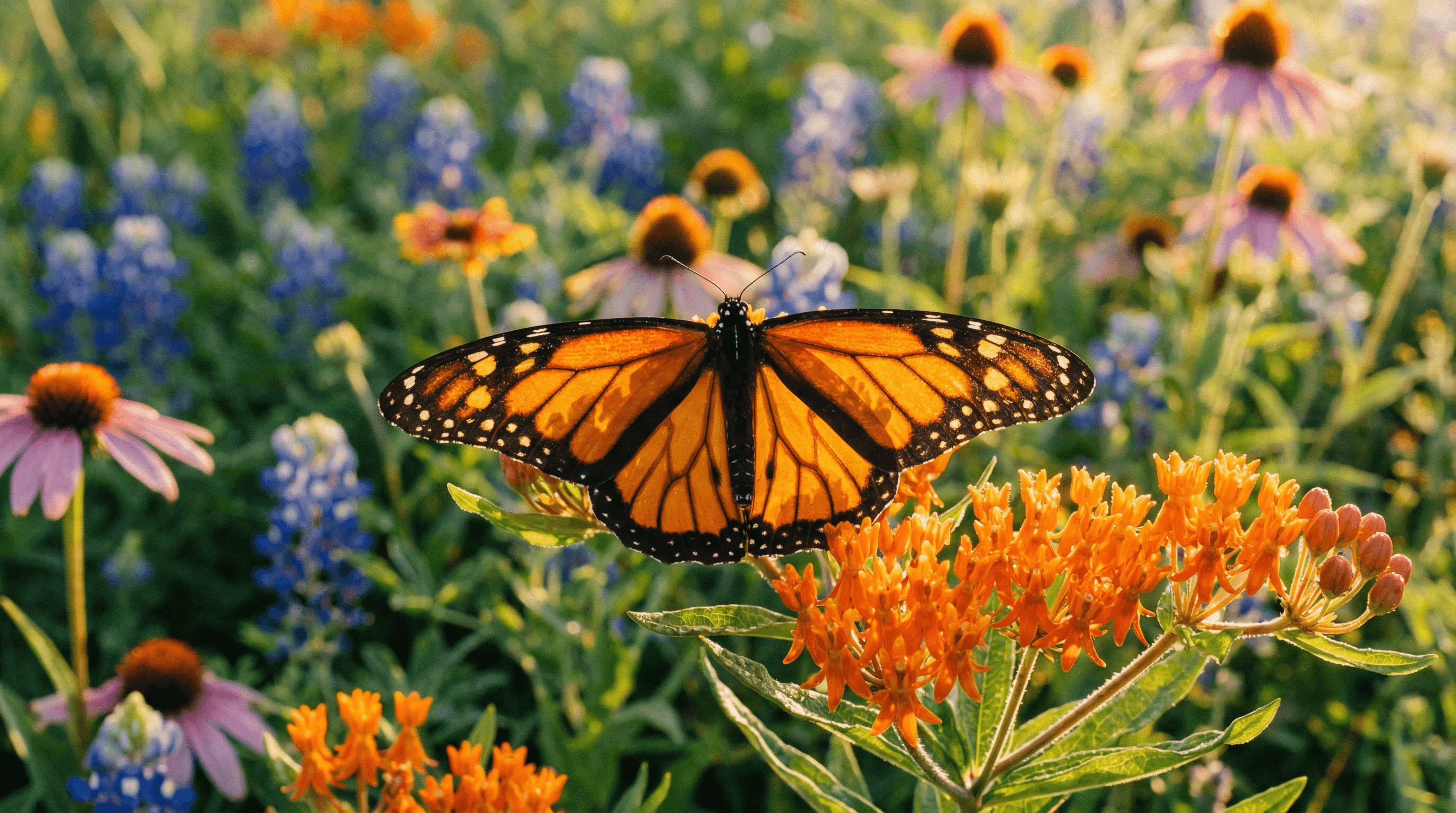 Monarch butterfly on milkweed bloom in a Texas front yard garden bed