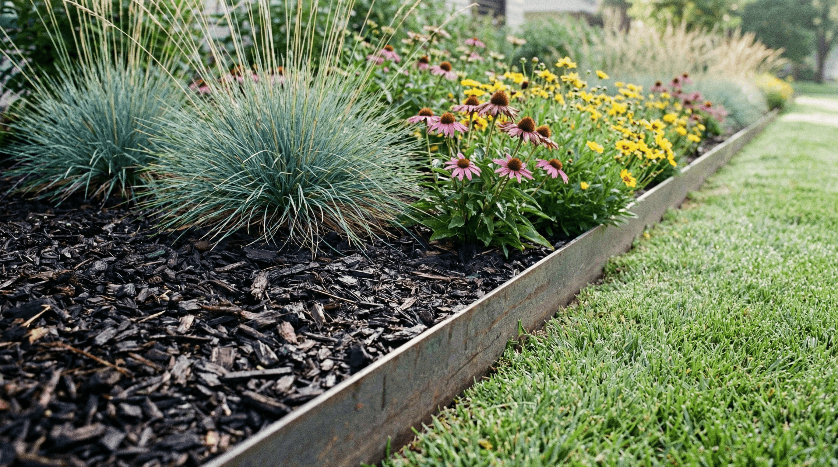 Clean steel edging with shredded hardwood mulch around native plants