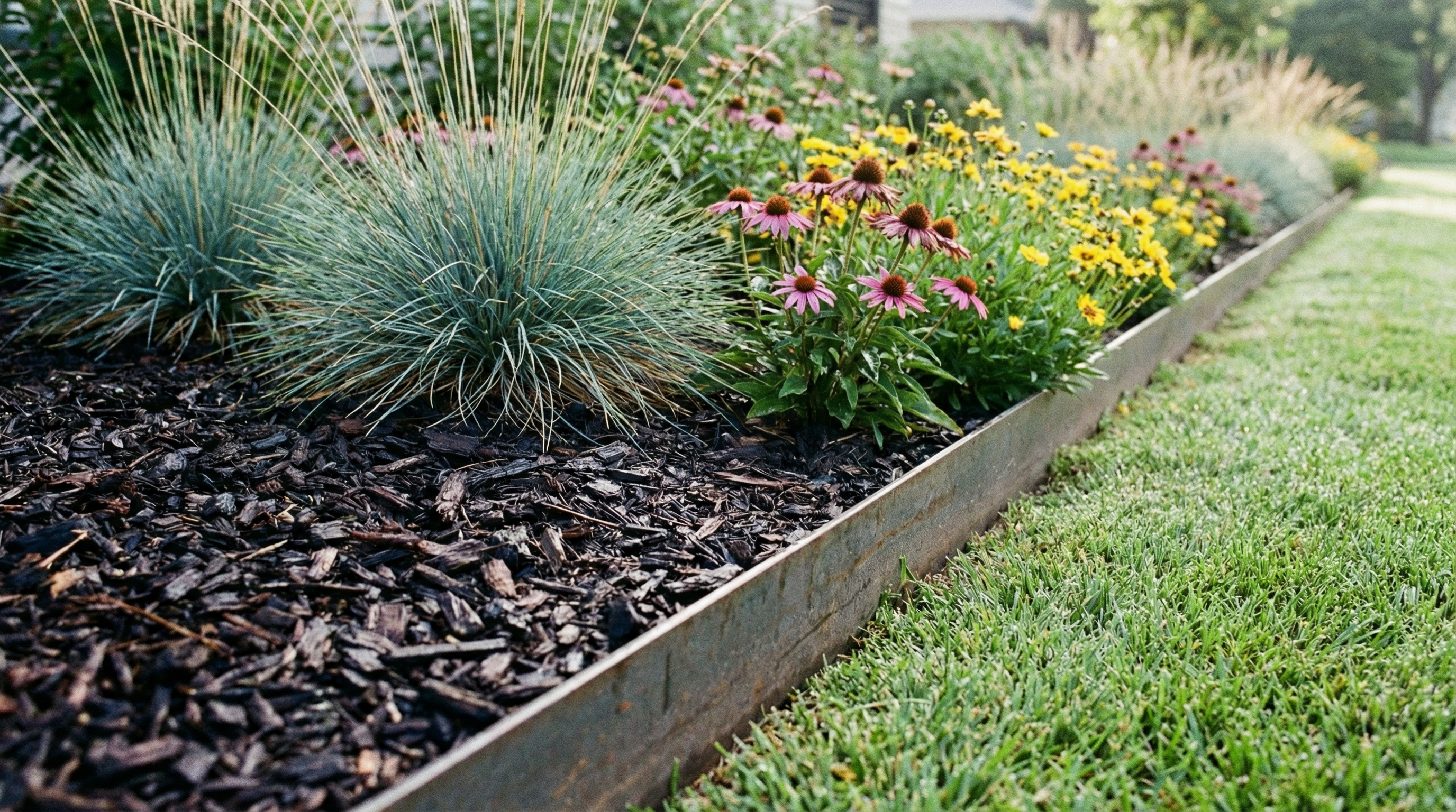 Clean steel edging with shredded hardwood mulch around native plants