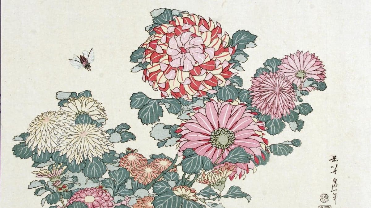 A Japanese woodblock print of red, pink, and white chrysanthemums with blue-green leaves and a small bee flying above them