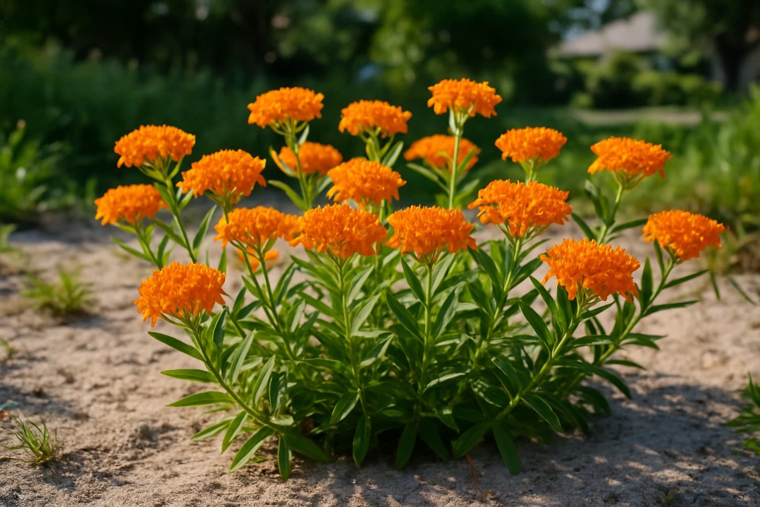 Butterfly weed with flat clusters of bright orange flowers on upright stems in a sunny sandy bed