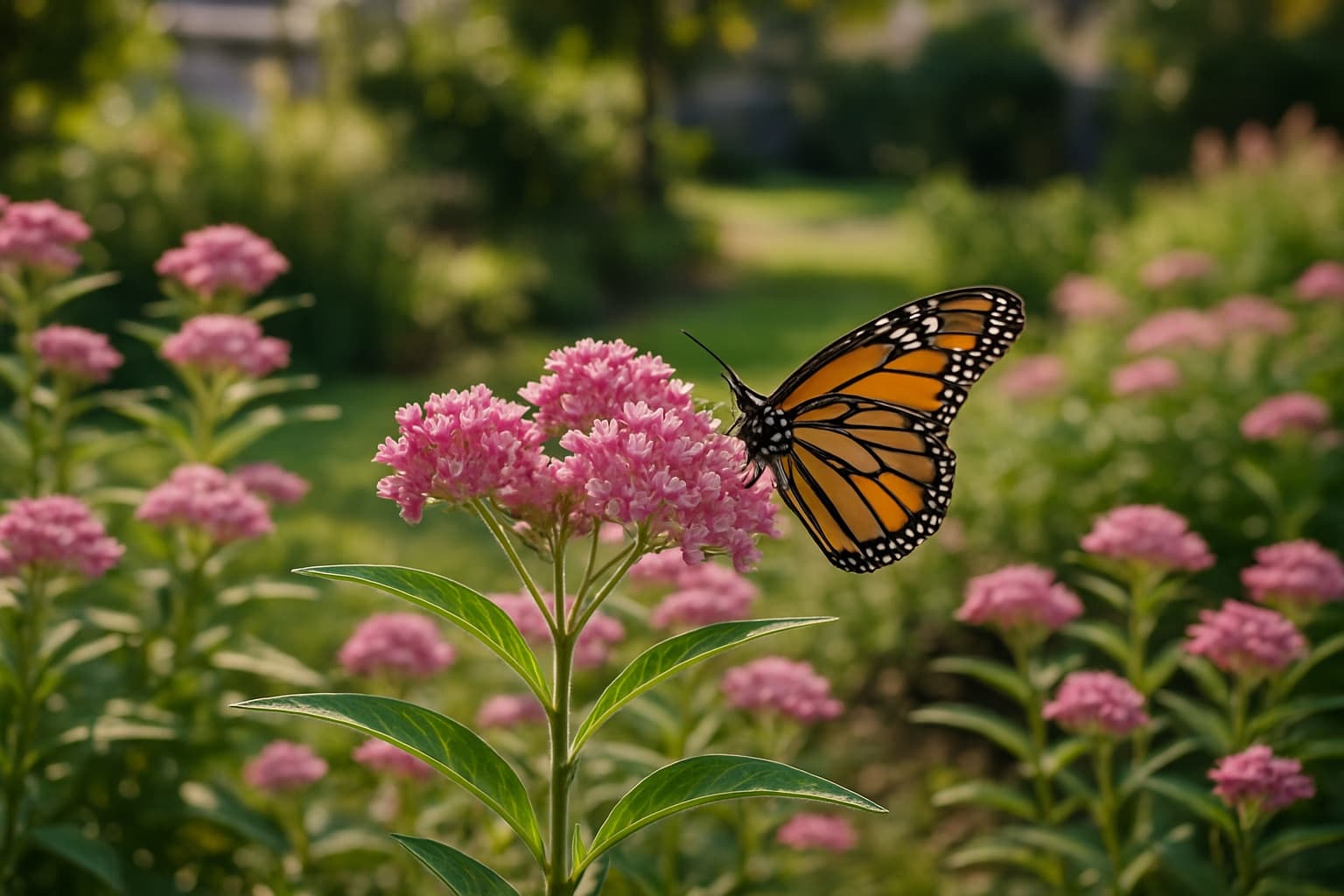 A monarch butterfly on a cluster of pink native swamp milkweed flowers in a sunny Florida bed
