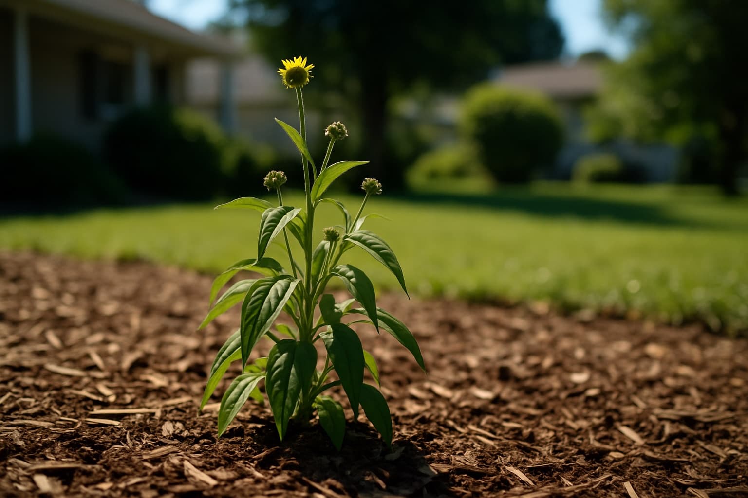 A young native perennial with slightly drooping leaves in bright afternoon summer light, planted in a mulched front-yard bed