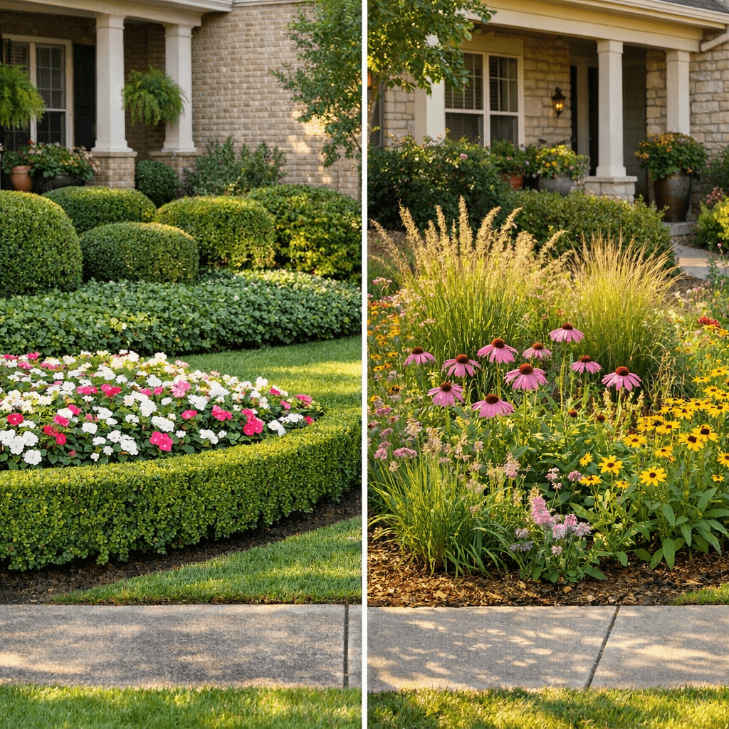 Side-by-side comparison of a native plant yard and a traditional ornamental landscape